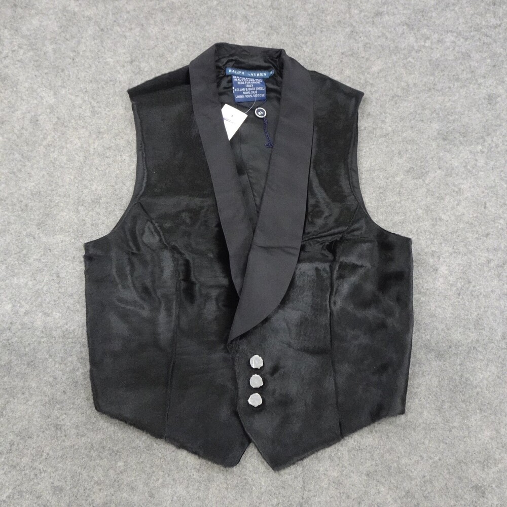 Ralph Lauren Vest Womens 10 Blue Label Black Silk Sleeveless Calf Hair Collar B